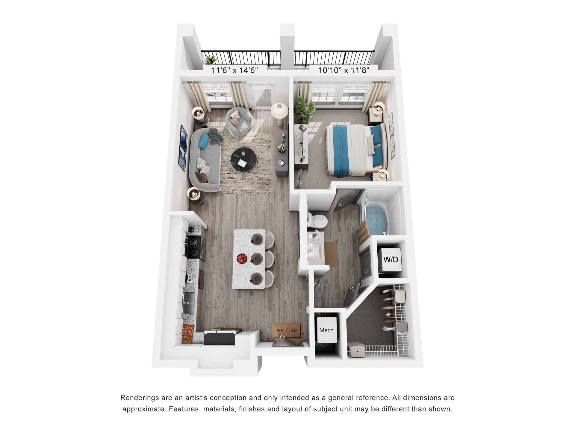 Floor plan for 1 bed, 1 bath, 680 sqft
